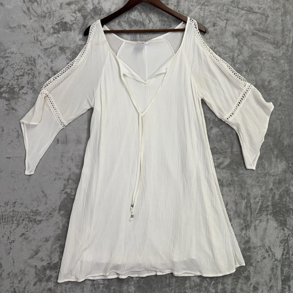 White Boho Cold Shoulder Dress Small Guazy Peasant Festival Mini Dress